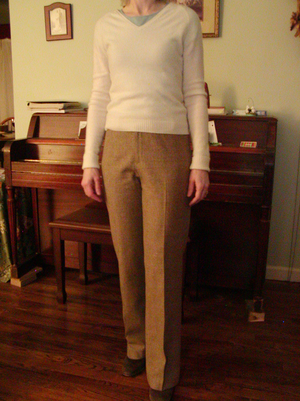 plaid wool trousers, ivory sweater
